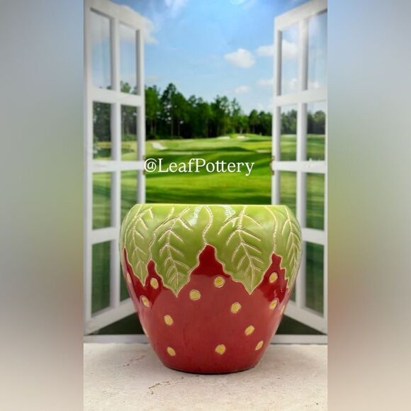 Strawberry (LG) Handcrafted Red/Green/Yellow Ceramic Planter Pot - Picture 9 of 9